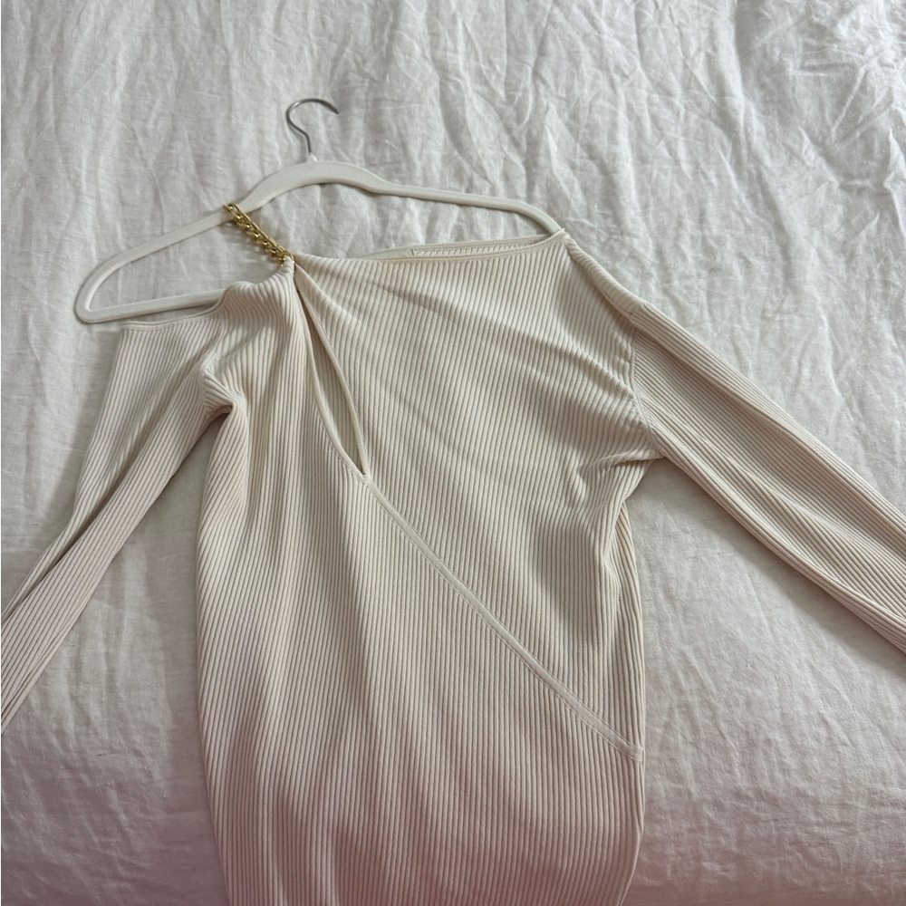 NICHOLAS Beige Ribbed Off-Shoulder top